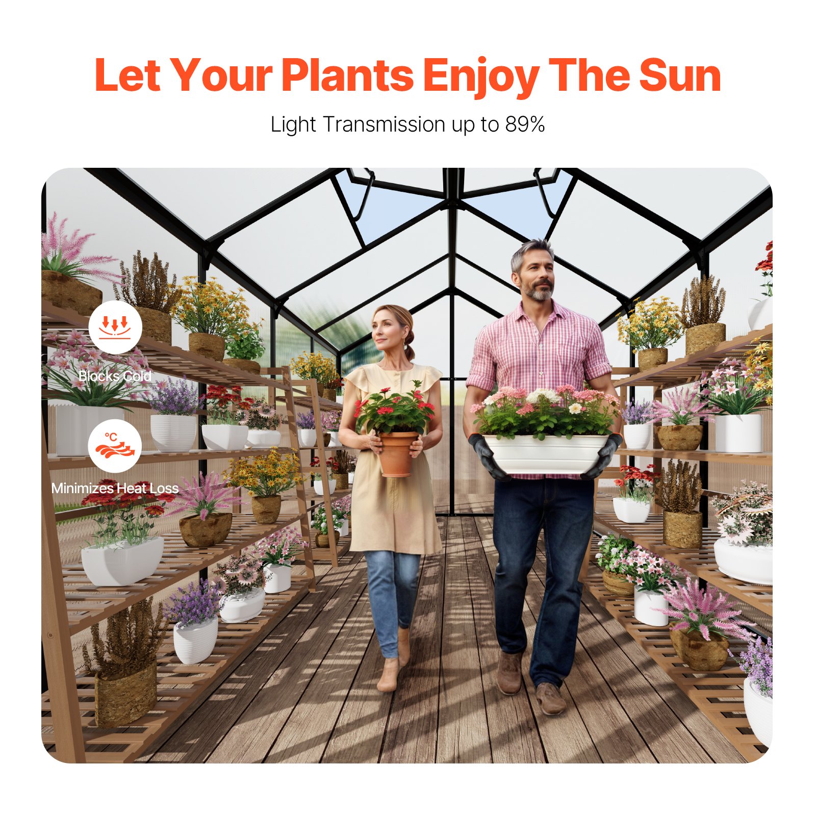 VEVOR Polycarbonaat kas, 236x402,5x207cm, plantenkas met 2 ventilatieramen, paviljoenkas met openslaande deuren, inloopkas van aluminium voor buitentuin