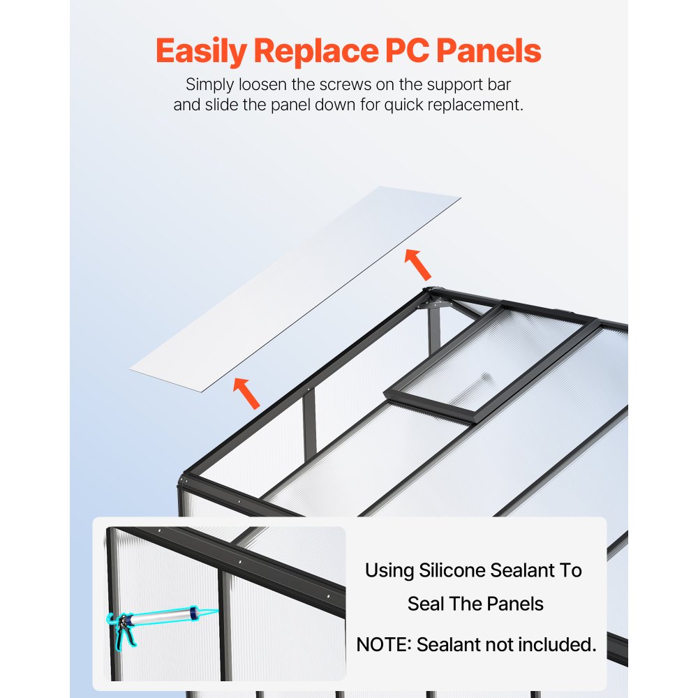 VEVOR Polycarbonaat kas, 236x346x207cm, plantenkas met 2 ventilatieramen, paviljoenkas met openslaande deuren, inloopkas van aluminium voor buitentuin