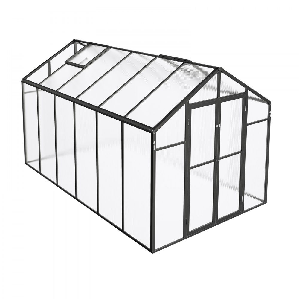 VEVOR Polycarbonaat kas, 236x346x207cm, plantenkas met 2 ventilatieramen, paviljoenkas met openslaande deuren, inloopkas van aluminium voor buitentuin