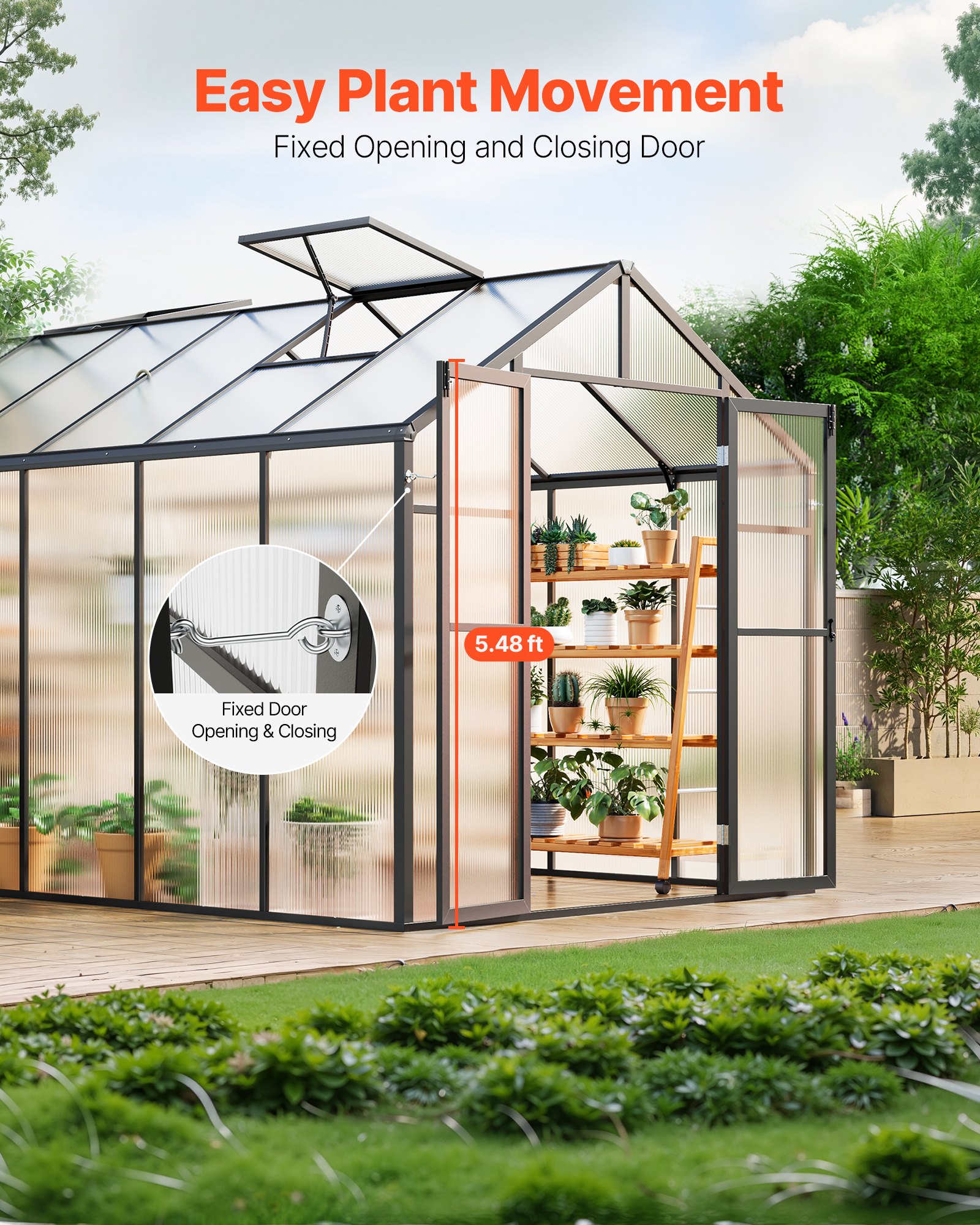 VEVOR Polycarbonaat kas, 236x346x207cm, plantenkas met 2 ventilatieramen, paviljoenkas met openslaande deuren, inloopkas van aluminium voor buitentuin