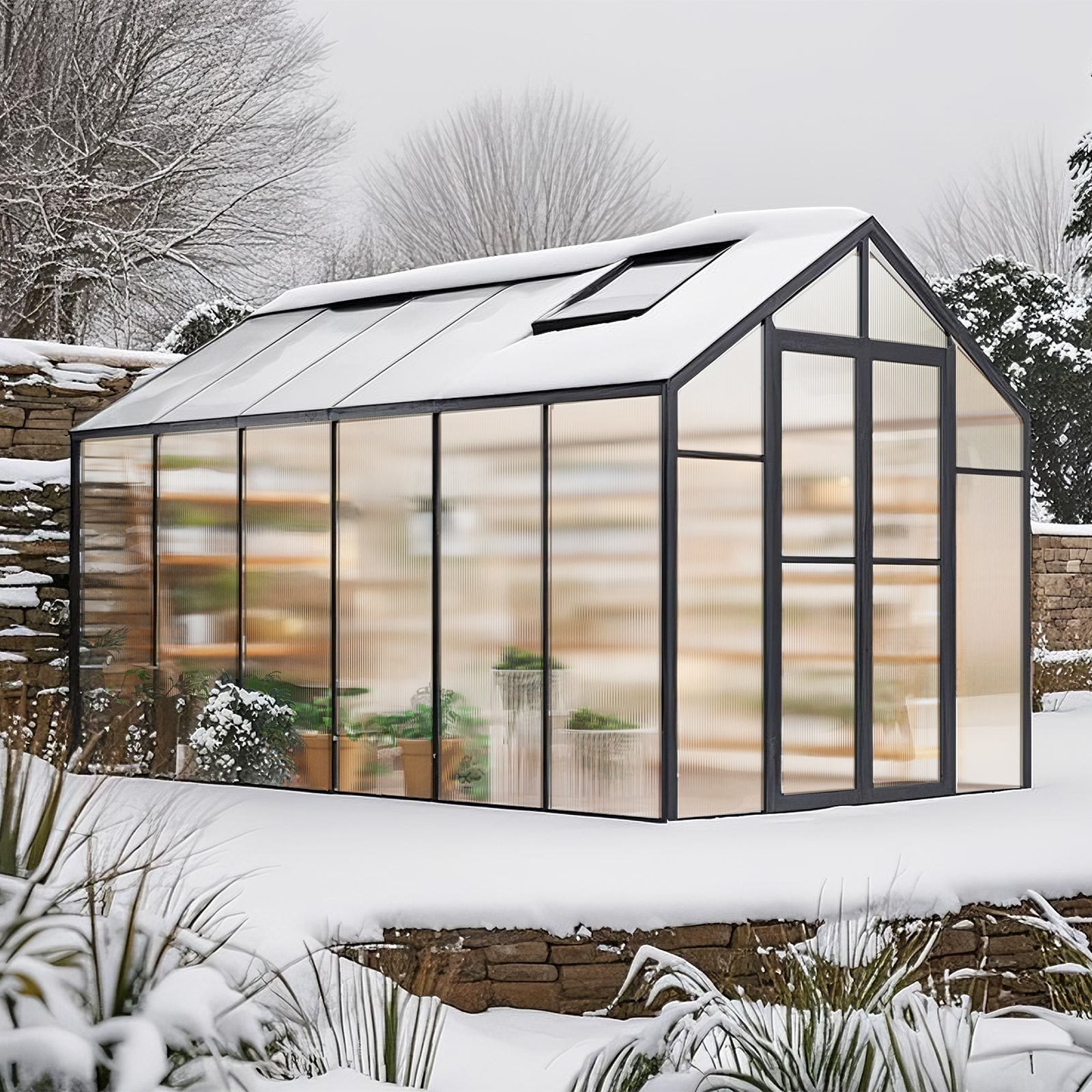 VEVOR Polycarbonaat kas, 236x346x207cm, plantenkas met 2 ventilatieramen, paviljoenkas met openslaande deuren, inloopkas van aluminium voor buitentuin