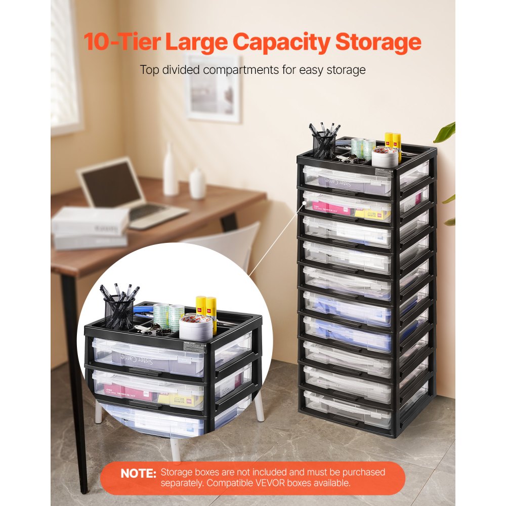 VEVOR Plastic Storage Organizer, 10-Tier Large Capacity with Organizer Top, Black Frame Only, PP Material Multifunctional Scrapbook Storage, for Office Essentials Tools Arts and Crafts Supplies
