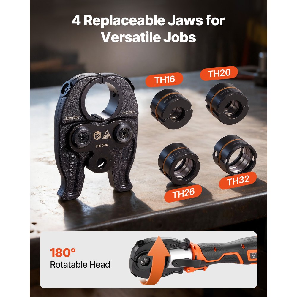 VEVOR Cordless Pipe Press Tool Kit, 18V Electric Pipe Crimping Tool for PEX & Aluminum-Plastic Tubes - with TH16 TH20 TH26 TH32 Press Jaws, 2pcs 2AH Batteries, Fast Charger & Carrying Case