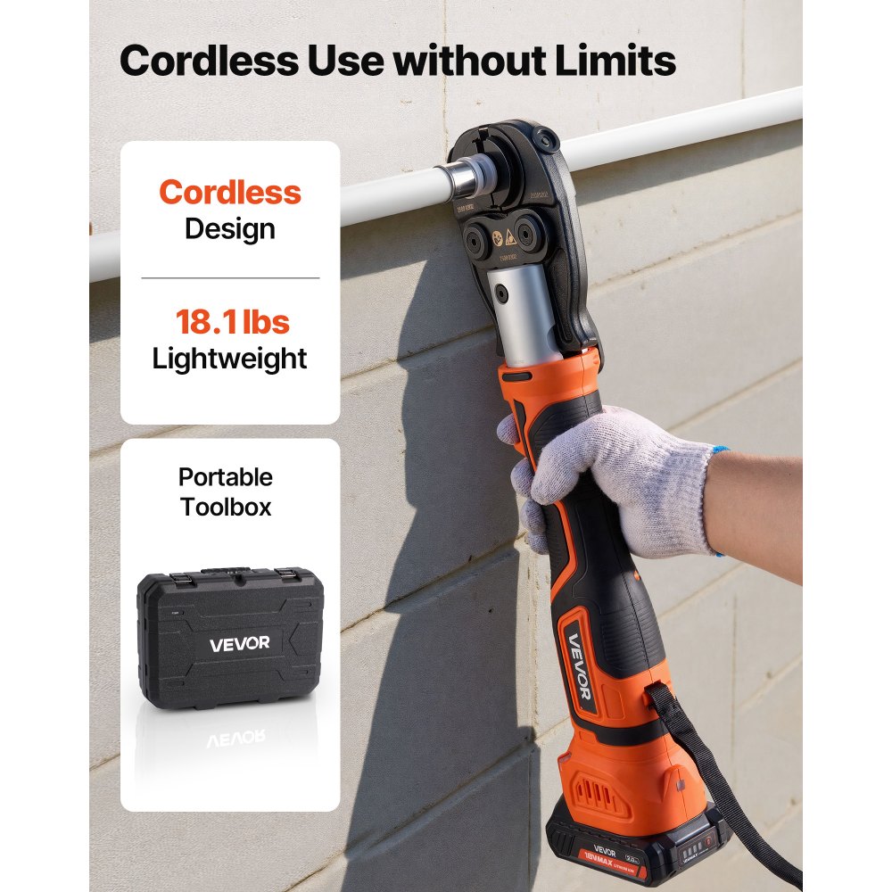 VEVOR Cordless Pipe Press Tool Kit, 18V Electric Pipe Crimping Tool for PEX & Aluminum-Plastic Tubes - with TH16 TH20 TH26 TH32 Press Jaws, 2pcs 2AH Batteries, Fast Charger & Carrying Case