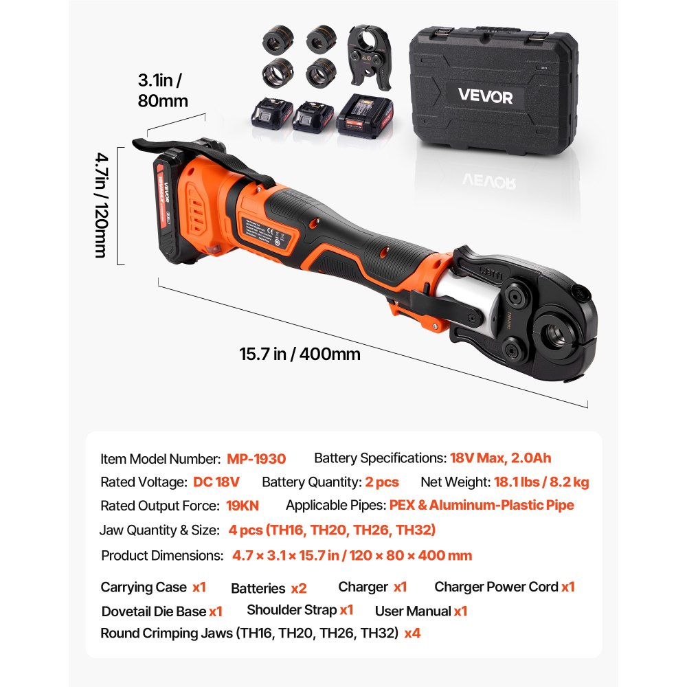 VEVOR Cordless Pipe Press Tool Kit, 18V Electric Pipe Crimping Tool for PEX & Aluminum-Plastic Tubes - with TH16 TH20 TH26 TH32 Press Jaws, 2pcs 2AH Batteries, Fast Charger & Carrying Case