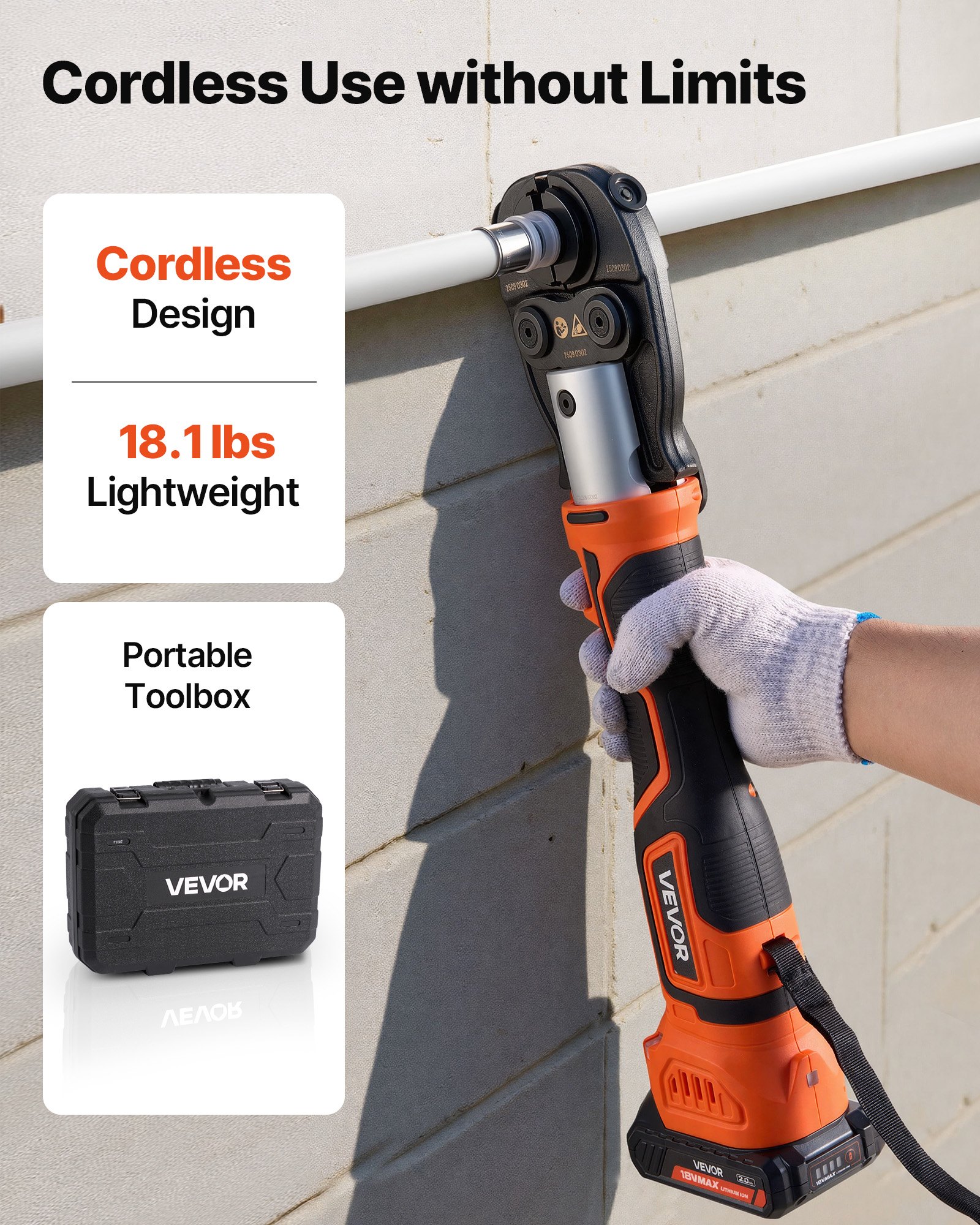 VEVOR Cordless Pipe Press Tool Kit, 18V Electric Pipe Crimping Tool for PEX & Aluminum-Plastic Tubes - with TH16 TH20 TH26 TH32 Press Jaws, 2pcs 2AH Batteries, Fast Charger & Carrying Case
