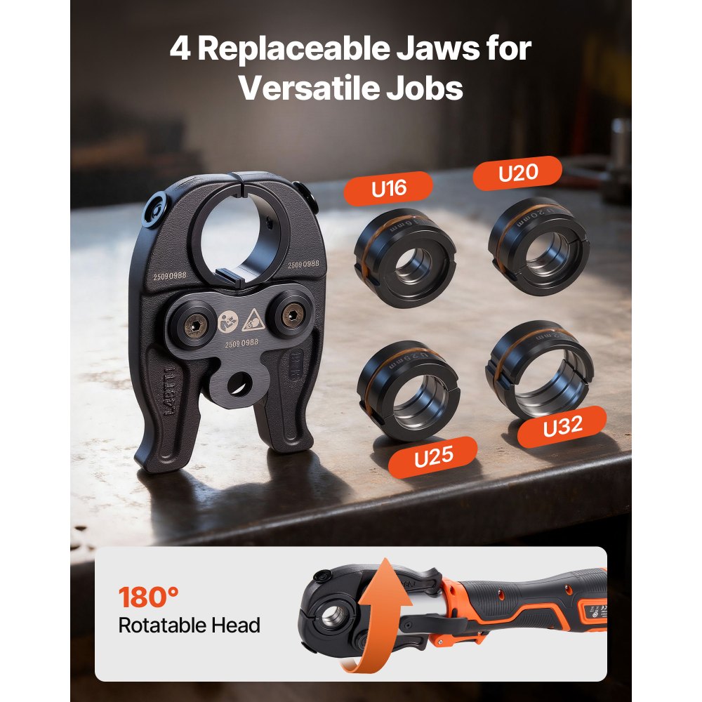 VEVOR Cordless Pipe Press Tool Kit, 18V Electric Pipe Crimping Tool for PEX & Aluminum-Plastic Tubes - with U16, U20, U25, U32 Press Jaws, 2pcs 2AH Batteries, Fast Charger & Carrying Case