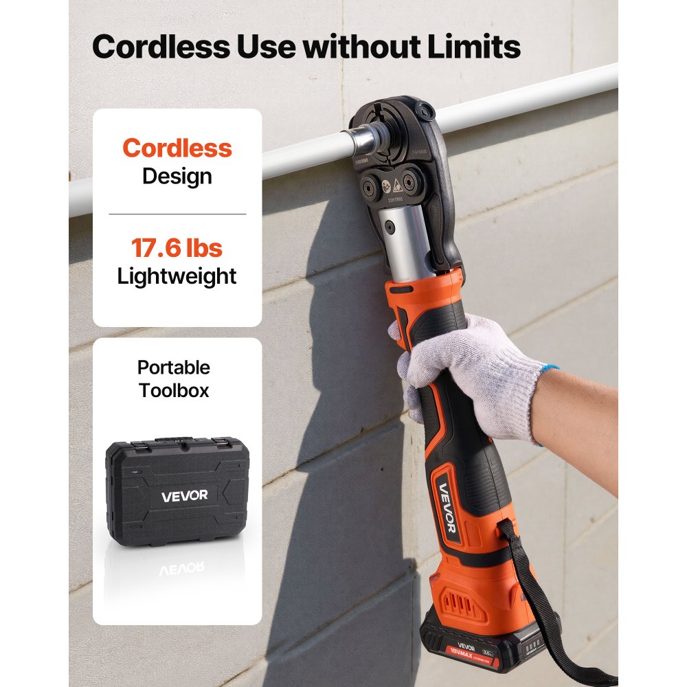 VEVOR Cordless Pipe Press Tool Kit, 18V Electric Pipe Crimping Tool for PEX & Aluminum-Plastic Tubes - with U16, U20, U25, U32 Press Jaws, 2pcs 2AH Batteries, Fast Charger & Carrying Case