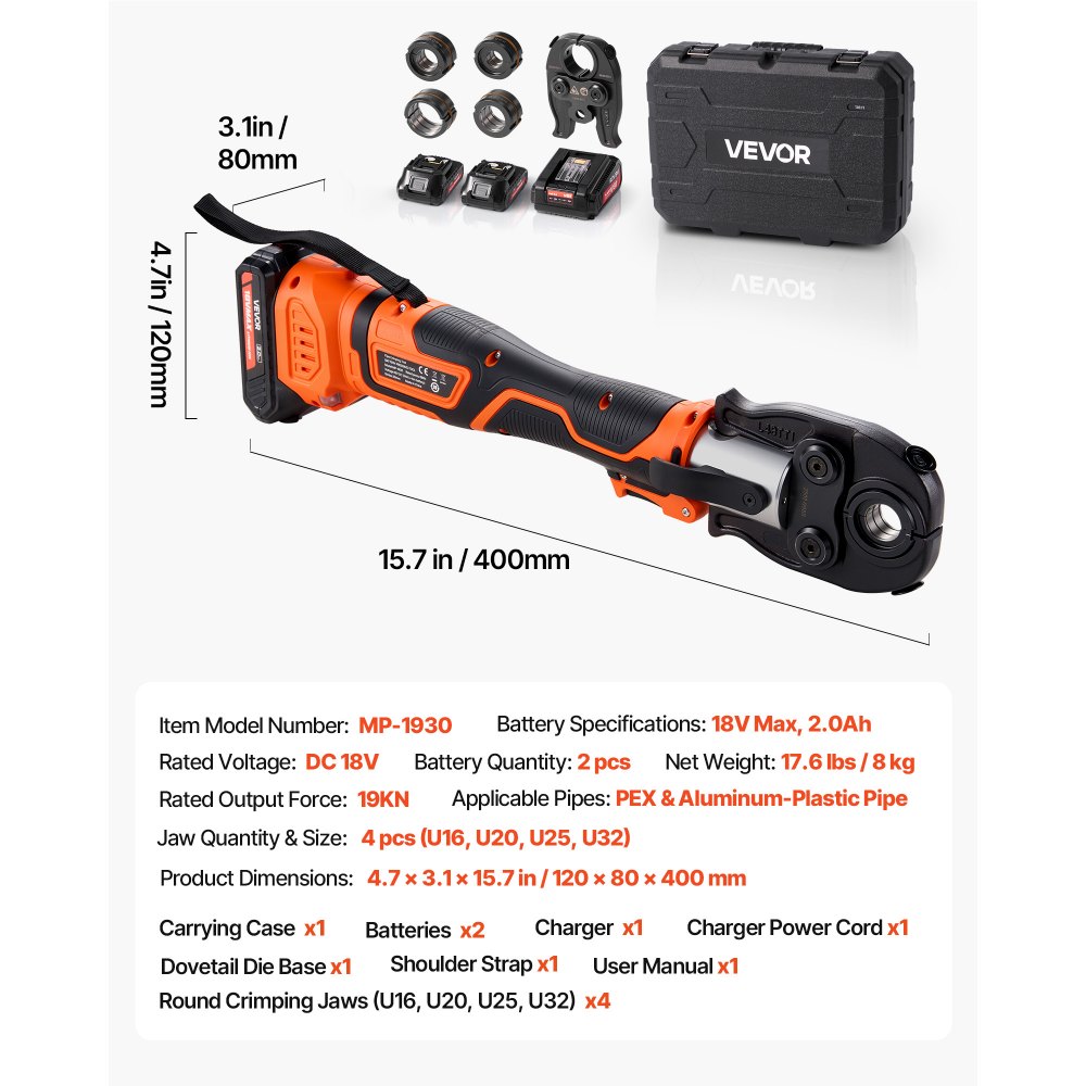VEVOR Cordless Pipe Press Tool Kit, 18V Electric Pipe Crimping Tool for PEX & Aluminum-Plastic Tubes - with U16, U20, U25, U32 Press Jaws, 2pcs 2AH Batteries, Fast Charger & Carrying Case
