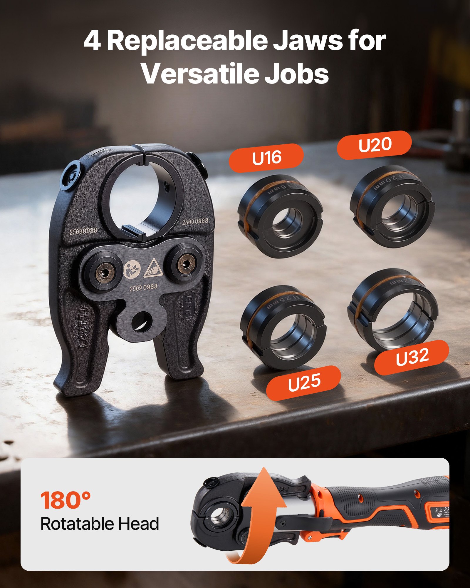 VEVOR Cordless Pipe Press Tool Kit, 18V Electric Pipe Crimping Tool for PEX & Aluminum-Plastic Tubes - with U16, U20, U25, U32 Press Jaws, 2pcs 2AH Batteries, Fast Charger & Carrying Case