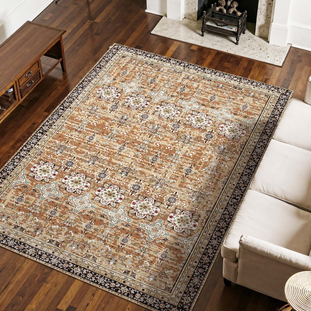 VEVOR Area Rug, 7.5 x 9.5 ft Large Washable Rug, Non-Slip and Tear-Resistant Soft Carpet, Pet & Child Friendly Vintage Area Rugs, Indoor Mat for Bedroom, Living Room, Office, Entryway, Brown Green