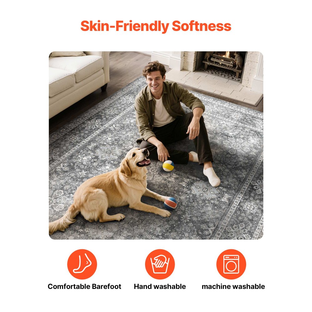 VEVOR Area Rug, 8 x 10 ft Large Washable Rug, Non-Slip and Tear-Resistant Soft Carpet, Pet & Child Friendly Vintage Area Rugs, Indoor Mat for Bedroom, Living Room, Kids Room, Entryway, Office, Gray