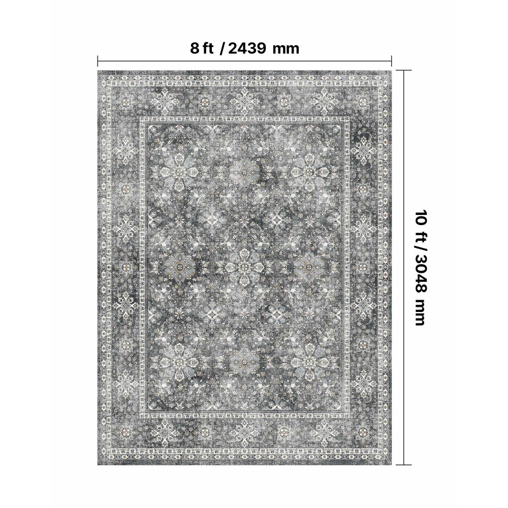 VEVOR Vloerkleed, 2439x3048 mm, kortpolig, wasbaar vloerkleed voor in de woonkamer, antislip, vintage stijl binnenmat voor slaapkamer, woonkamer, kinderkamer, hal, kantoor, grijs