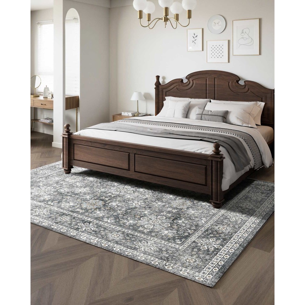 VEVOR Vloerkleed, 2439x3048 mm, kortpolig, wasbaar vloerkleed voor in de woonkamer, antislip, vintage stijl binnenmat voor slaapkamer, woonkamer, kinderkamer, hal, kantoor, grijs