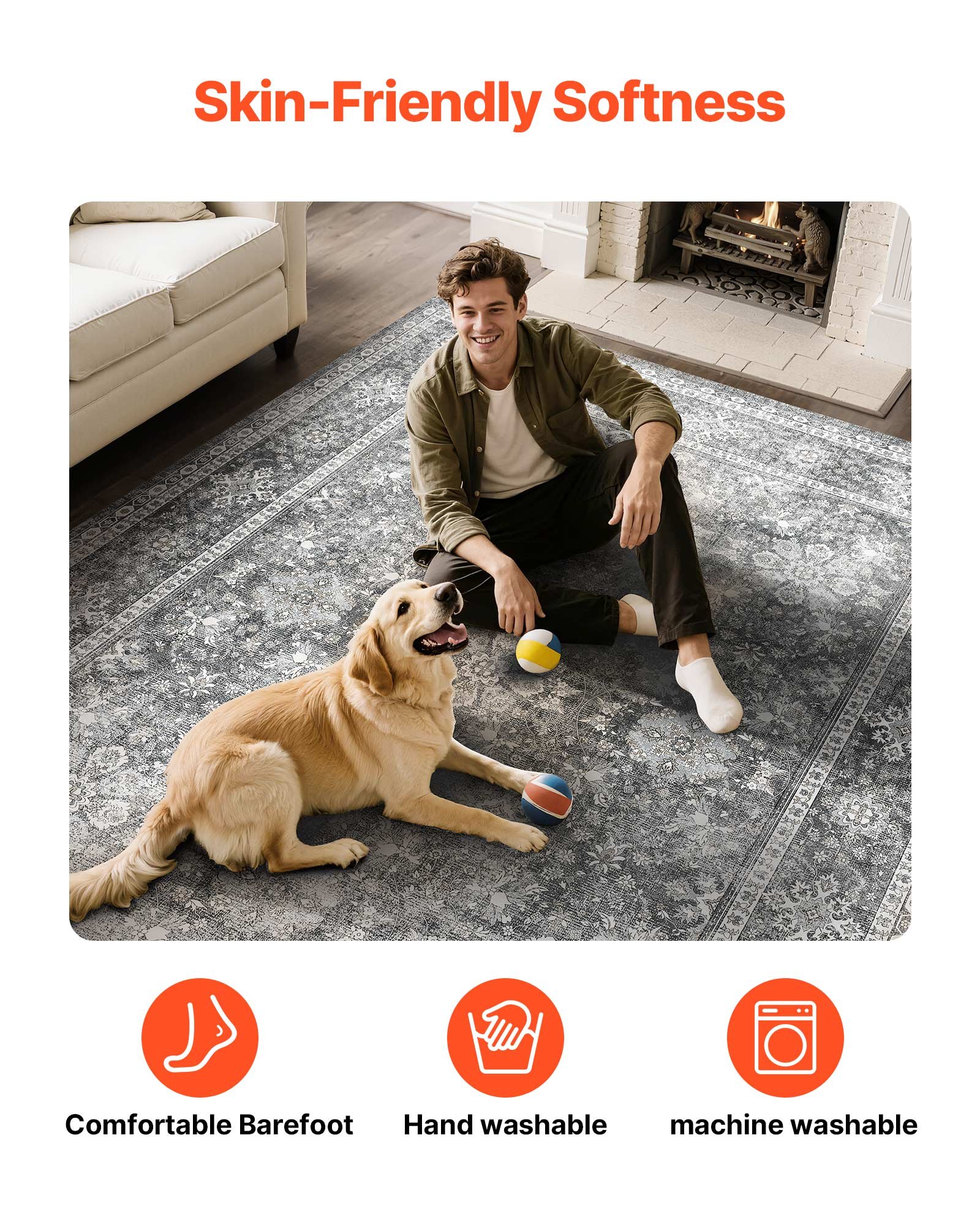 VEVOR Area Rug, 8 x 10 ft Large Washable Rug, Non-Slip and Tear-Resistant Soft Carpet, Pet & Child Friendly Vintage Area Rugs, Indoor Mat for Bedroom, Living Room, Kids Room, Entryway, Office, Gray