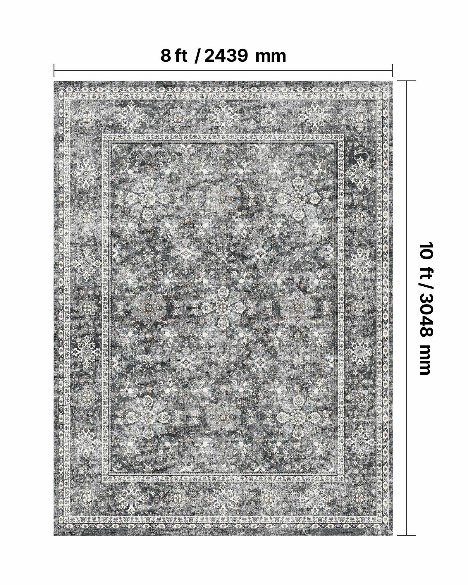 VEVOR Vloerkleed, 2439x3048 mm, kortpolig, wasbaar vloerkleed voor in de woonkamer, antislip, vintage stijl binnenmat voor slaapkamer, woonkamer, kinderkamer, hal, kantoor, grijs
