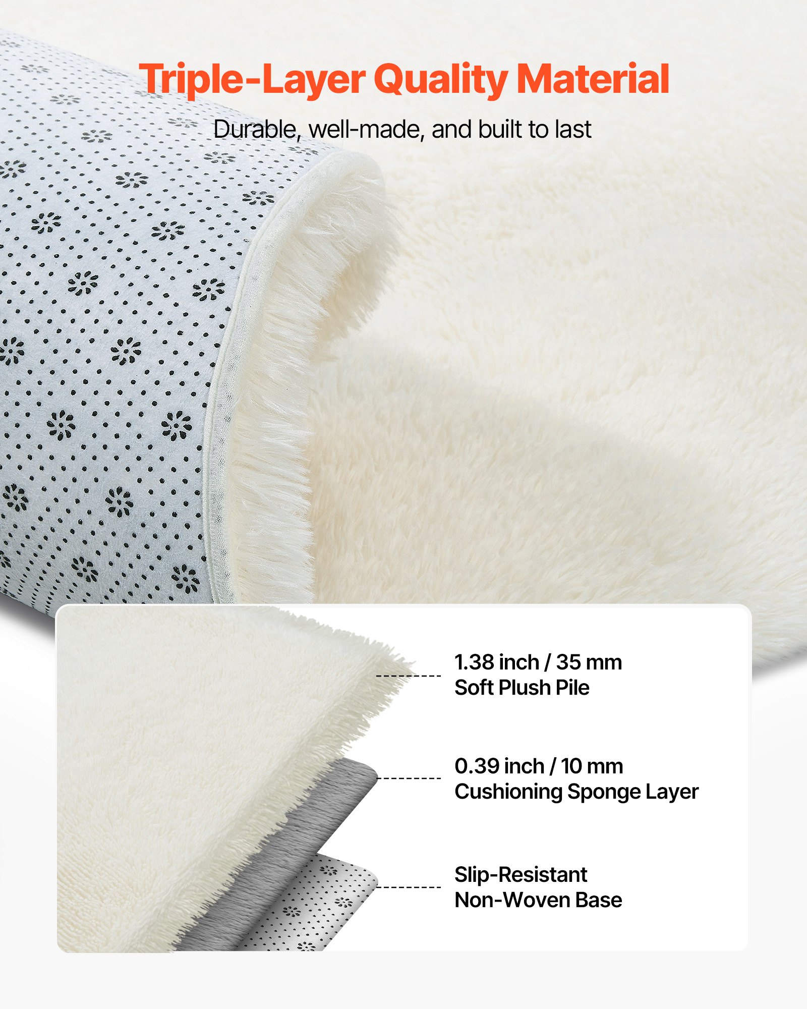 VEVOR Indoor Plush Area Rugs, 8 x 10 ft Soft Plush Carpet, Furry Shag Area Rugs for Living Room, Bedroom, Sunroom, Modern Home Decor Aesthetic, Non-Shedding, Non-Woven, Slip-Resistant, Ivory White