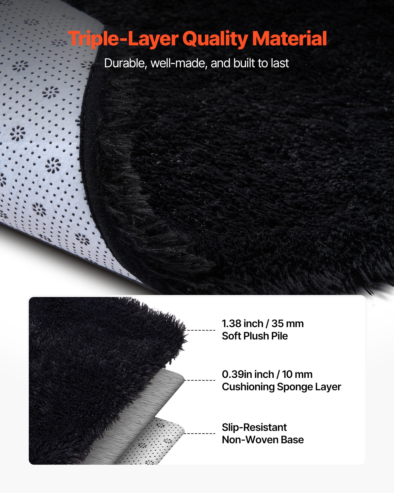 VEVOR Indoor Plush Area Rugs, 8 x 10 ft Soft Plush Carpet, Furry Shag Area Rugs for Living Room, Bedroom, Sunroom, Modern Home Decor Aesthetic, Non-Shedding, Non-Woven, Slip-Resistant, Black