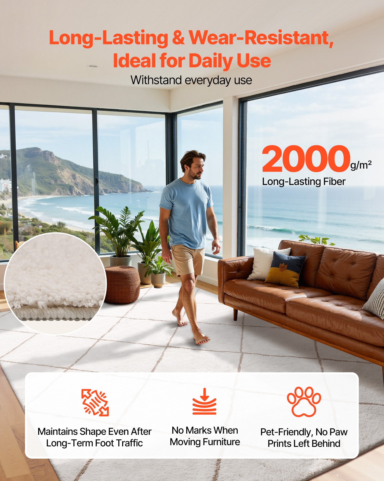 VEVOR Indoor Plush Area Rugs, 8 x 10 ft Plush Carpet, Area Rugs Furry with Long Plushs Pile, Thick & Durable High-Pile Rug for High-Traffic Areas, Bedroom, Non-Shedding & Non-Slip Backing, Beige