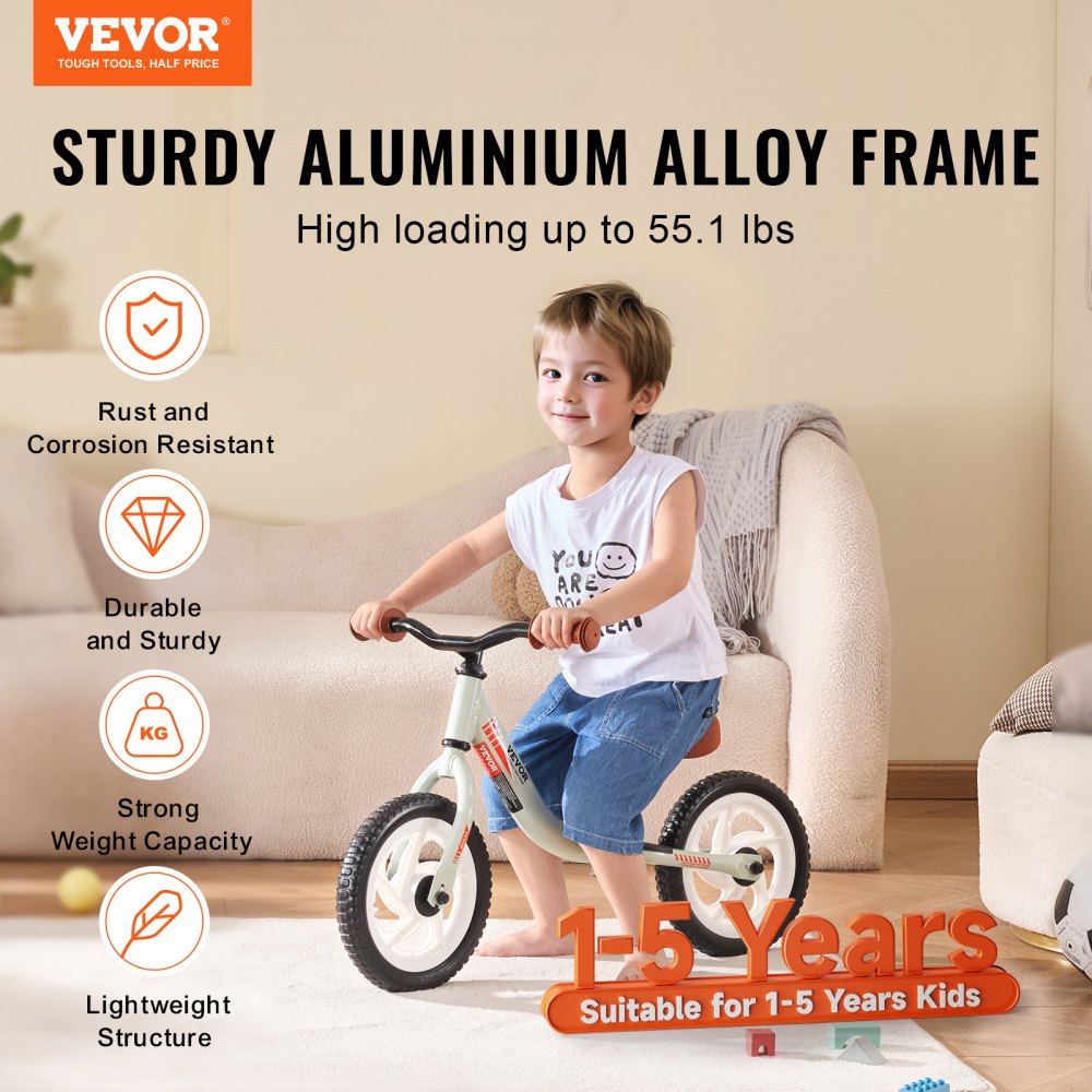 VEVOR Peuterloopfiets, lichtgewicht loopfiets van aluminiumlegering voor kinderen met verstelbare zitting en stuur, 12-inch EVA-schuimbanden, geen pedalen, cadeau voor jongens en meisjes van 1-5 jaar, draagvermogen van 25 kg