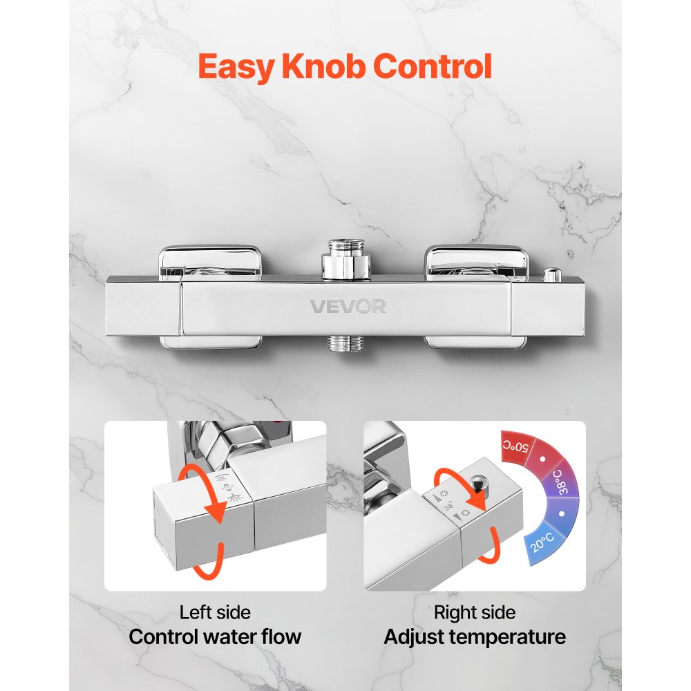 VEVOR Thermostatic Shower Faucet Valve, 38℃ Secure Lock Thermostatic Shower Faucet Valve, Hot Cold Water Showering Faucets Temperature Control Valves for Bathroom, RV, Hotel, Two Holes & Chrome Silver
