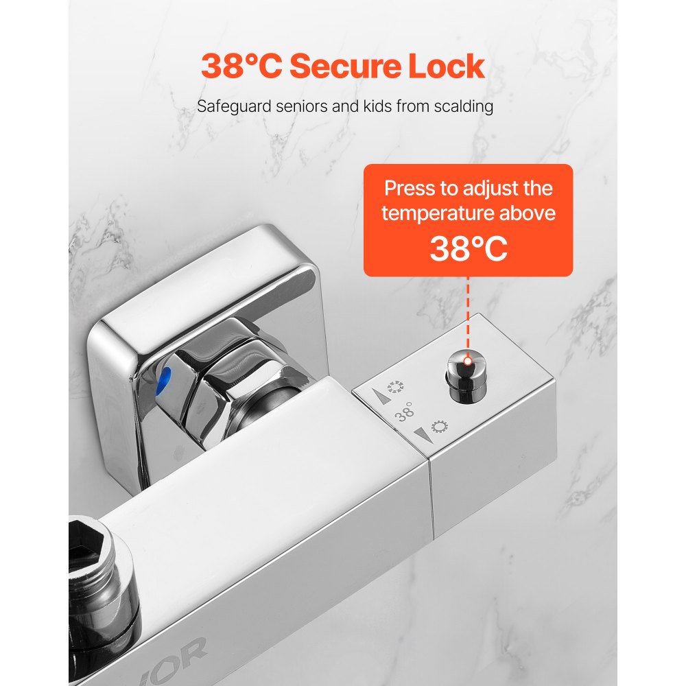 VEVOR Douchekraan met thermostatische douchethermostaat met 38 °C veiligheidsslot, douchekraankraan badkraan (2 gaten), temperatuurregelventielen voor badkamer camper hotel chroom zilver