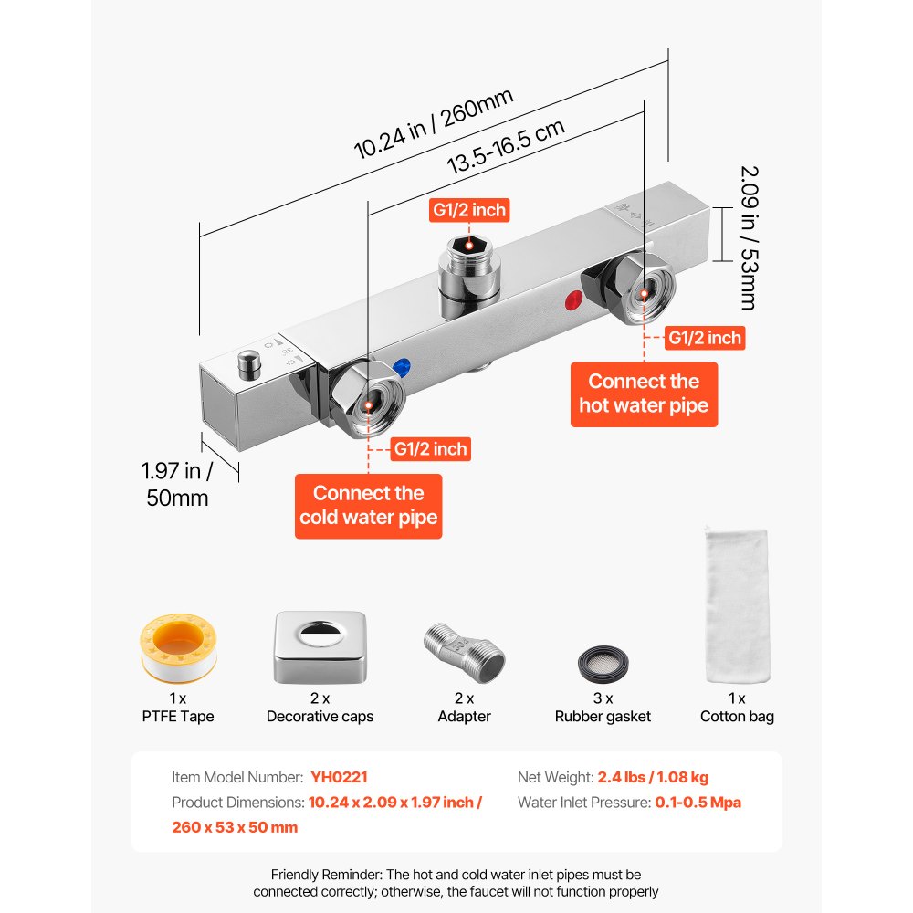 VEVOR Douchekraan met thermostatische douchethermostaat met 38 °C veiligheidsslot, douchekraankraan badkraan (2 gaten), temperatuurregelventielen voor badkamer camper hotel chroom zilver