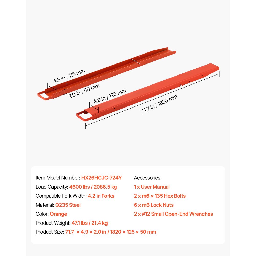 VEVOR 1 paar vorkverlengstukken 1820x115mm, vorkverlengstukken 2086,5kg, vorkheftruckvorken voor verplaatsen en transporteren in magazijnen, bouwplaatsen, dokken en terreinen, staalconstructies, met boutvergrendelingsmechanisme, oranje