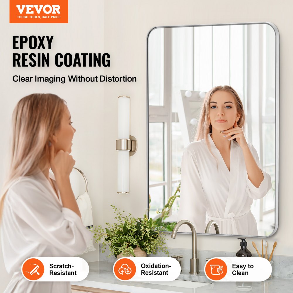 VEVOR Wall Mounted Makeup Mirror, 0.15" Thick, 22" x 30" Mirror with Aluminium Alloy Frame & Explosion-Proof Film, Scratch-Resistant Mirror with Z-Shaped Bracket, Fit for Bathroom/Bedroom/Living Room