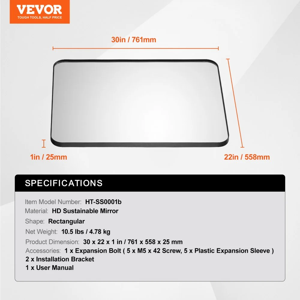 VEVOR Wandspiegel Make-upspiegel Badkamerspiegel 762 x 558 x 25 mm Rechthoekige spiegel, aluminium frame Spiegel met Z-vormige beugel voor badkamer Slaapkamer Woonkamer