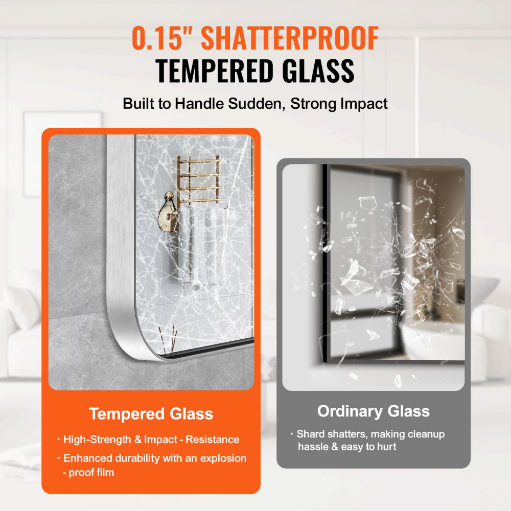 VEVOR Wall Mounted Makeup Mirror, 0.15" Thick, 32" x 72" Mirror with Aluminium Alloy Frame & Explosion-Proof Film, Scratch-Resistant Mirror with Z-Shaped Bracket, Fit for Bathroom/Bedroom/Living Room