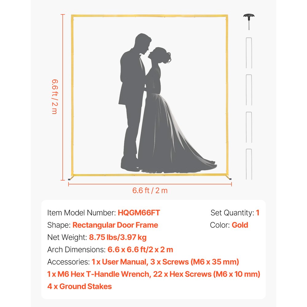 VEVOR Boog Achtergrondstandaard, 2x2 m, Trouwboog, Vierkant, Goudkleurige Metalen Achtergrondstandaard voor Bruiloften, Verjaardagsfeesten, Afstudeerfeesten, Vakantie en Ceremoniedecoraties