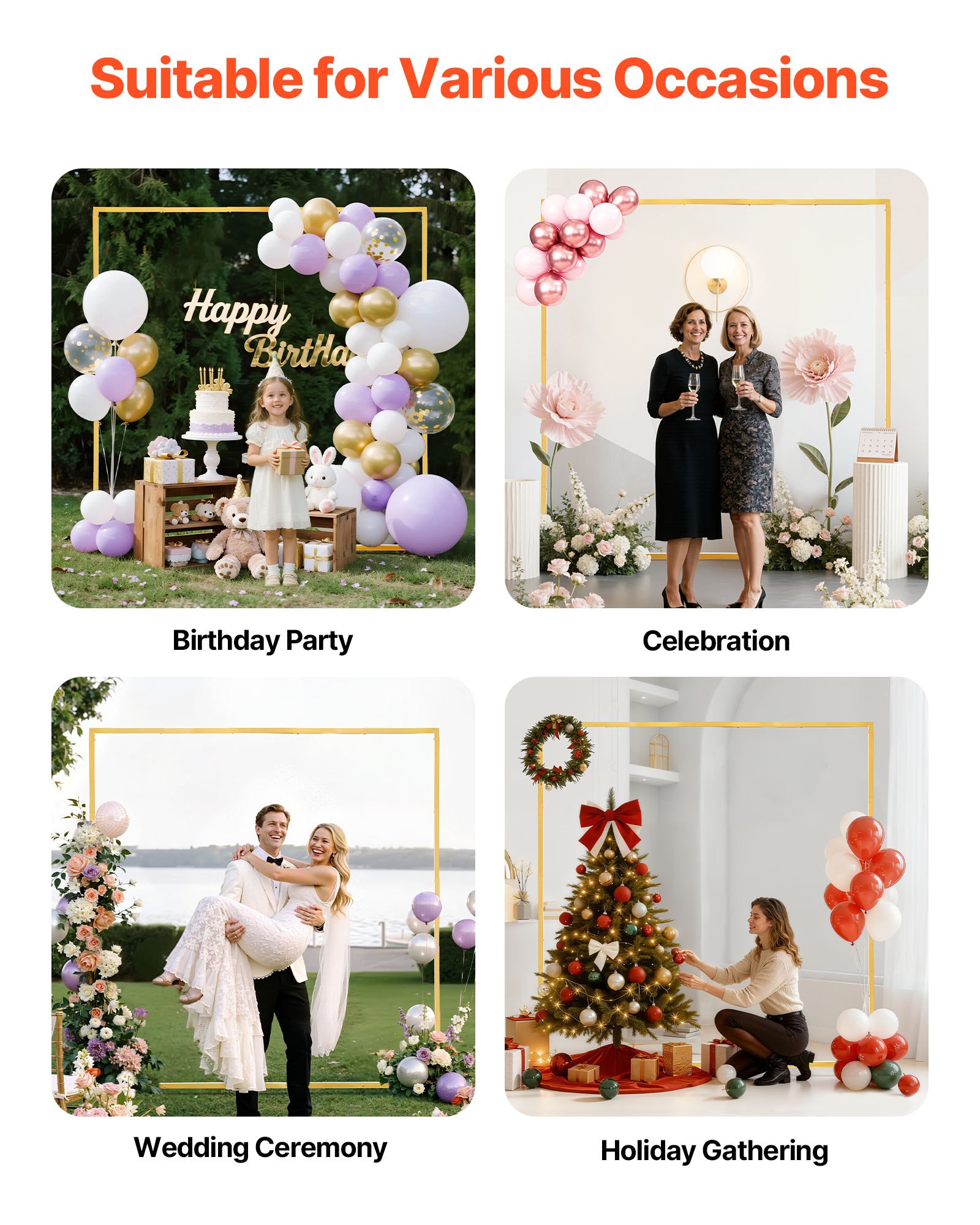 VEVOR Arch Backdrop Stand, 2 x 2 m, Stable Structure, Easy Assembly, Square Gold Metal Arch Backdrop Stand for Wedding, Birthday Party, Graduation, Holiday Celebration, and Ceremony Decoration