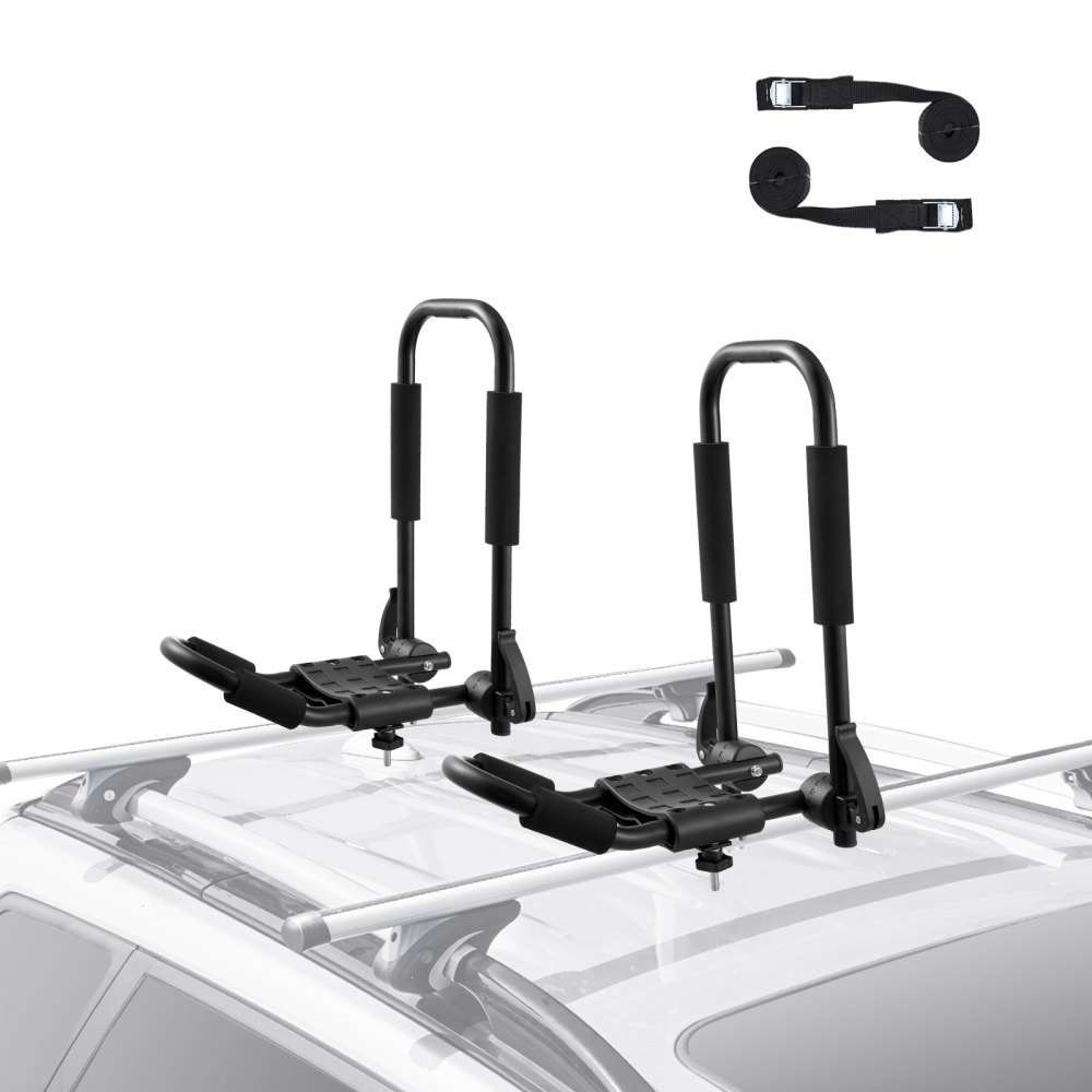 VEVOR kayak roof rack mounted on a car with two black padded supports and two securing straps included.