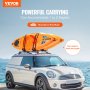 VEVOR kayak roof rack mounted on a white mini cooper carrying an orange kayak by the seaside.