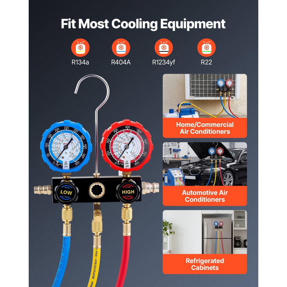 VEVOR AC Manifold Gauge Set for R134a R404A R1234yf R22 Refrigerant, 3 Way AC Gauge with 5 ft Hoses, Adapters, Quick Couplers, Can Taps for Automotive Air Conditioning Maintenance, Charging Evacuation