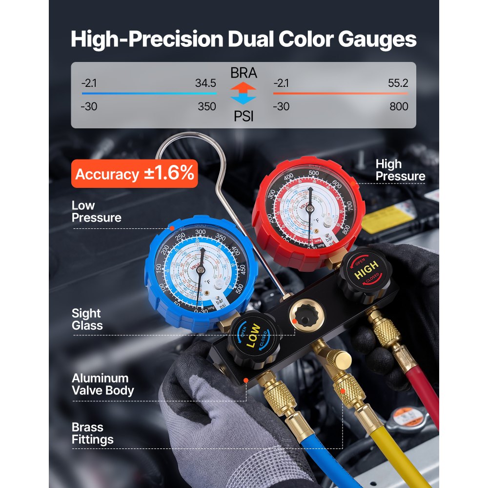 VEVOR AC Manifold Gauge Set for R134a R404A R1234yf R22 Refrigerant, 3 Way AC Gauge with 5 ft Hoses, Adapters, Quick Couplers, Can Taps for Automotive Air Conditioning Maintenance, Charging Evacuation