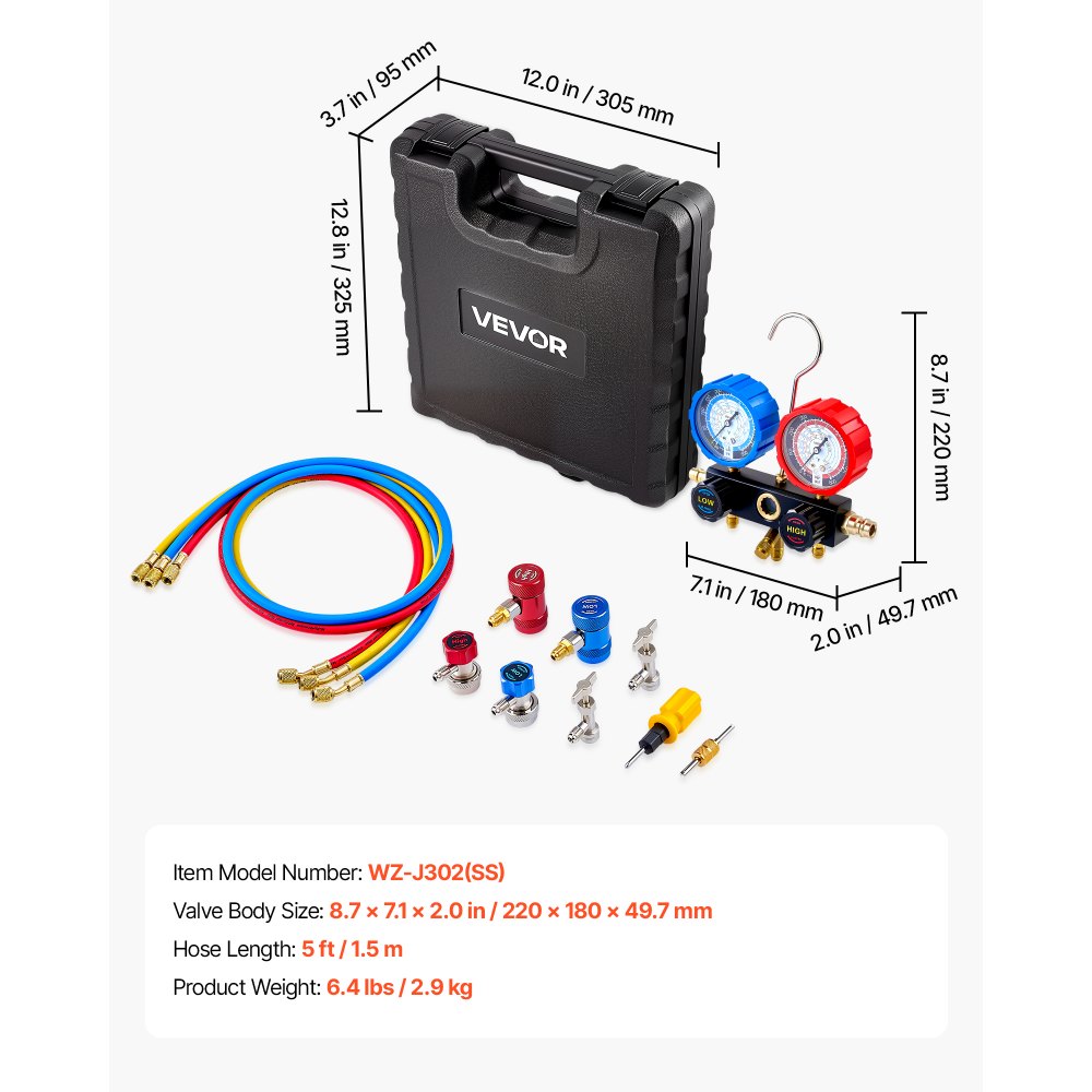 VEVOR AC Manifold Gauge Set for R134a R404A R1234yf R22 Refrigerant, 3 Way AC Gauge with 5 ft Hoses, Adapters, Quick Couplers, Can Taps for Automotive Air Conditioning Maintenance, Charging Evacuation