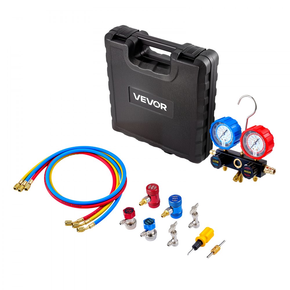 VEVOR AC Manifold Gauge Set for R134a R404A R1234yf R22 Refrigerant, 3 Way AC Gauge with 5 ft Hoses, Adapters, Quick Couplers, Can Taps for Automotive Air Conditioning Maintenance, Charging Evacuation