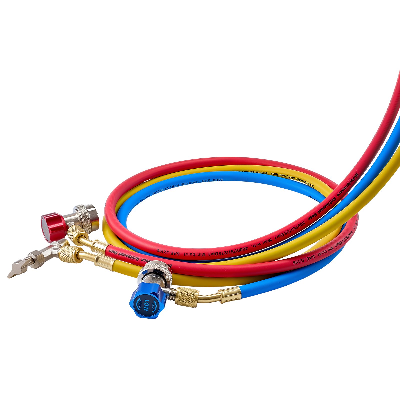 VEVOR AC airconditioning drukmeterset voor R134a, R404a, R1234y en R22 koelmiddelen, 3-weg drukmeter met 1,5 m slangen, adapters, snelkoppelingen en aansluitklemmen. Geschikt voor auto-airconditioningsystemen.