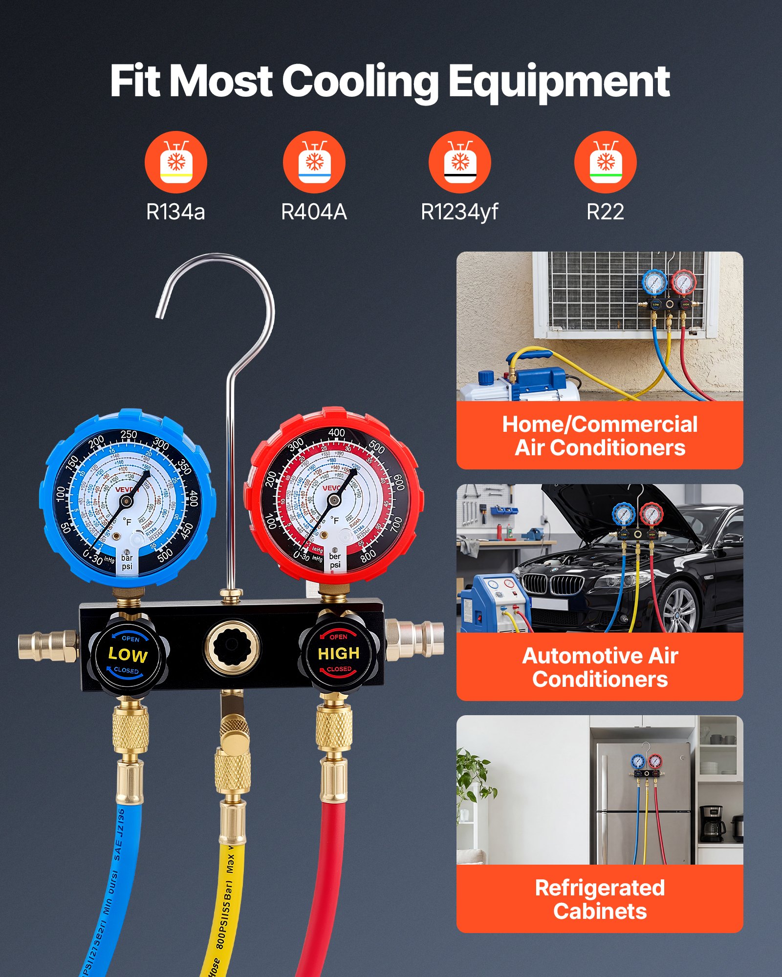 VEVOR AC Manifold Gauge Set for R134a R404A R1234yf R22 Refrigerant, 3 Way AC Gauge with 5 ft Hoses, Adapters, Quick Couplers, Can Taps for Automotive Air Conditioning Maintenance, Charging Evacuation