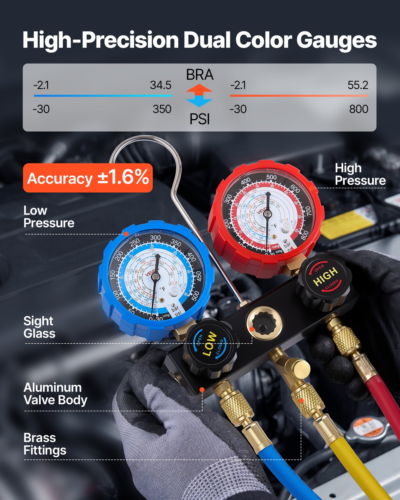 VEVOR AC Manifold Gauge Set for R134a R404A R1234yf R22 Refrigerant, 3 Way AC Gauge with 5 ft Hoses, Adapters, Quick Couplers, Can Taps for Automotive Air Conditioning Maintenance, Charging Evacuation
