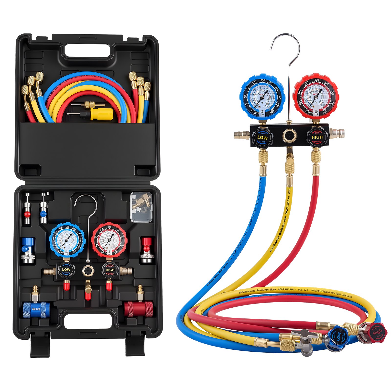 VEVOR AC Manifold Gauge Set for R134a R404A R1234yf R22 Refrigerant, 3 Way AC Gauge with 5 ft Hoses, Adapters, Quick Couplers, Can Taps for Automotive Air Conditioning Maintenance, Charging Evacuation