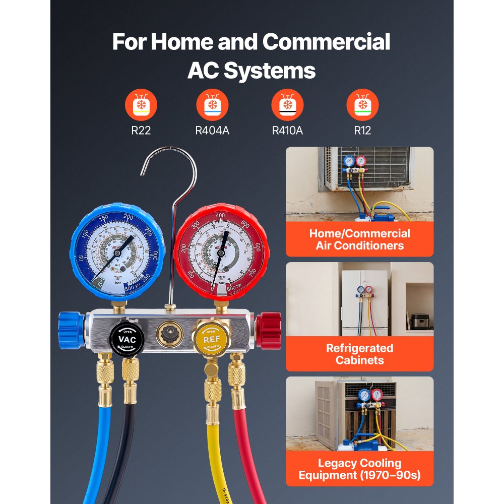 VEVOR airconditioning drukmeterset voor R22, R404A, R410A en R12 koudemiddelen, 4-weg drukmeter met 1,5 m slangen, voor onderhoud, evacuatie, vulling en terugwinning van airconditioningsystemen in voertuigen en woningen.