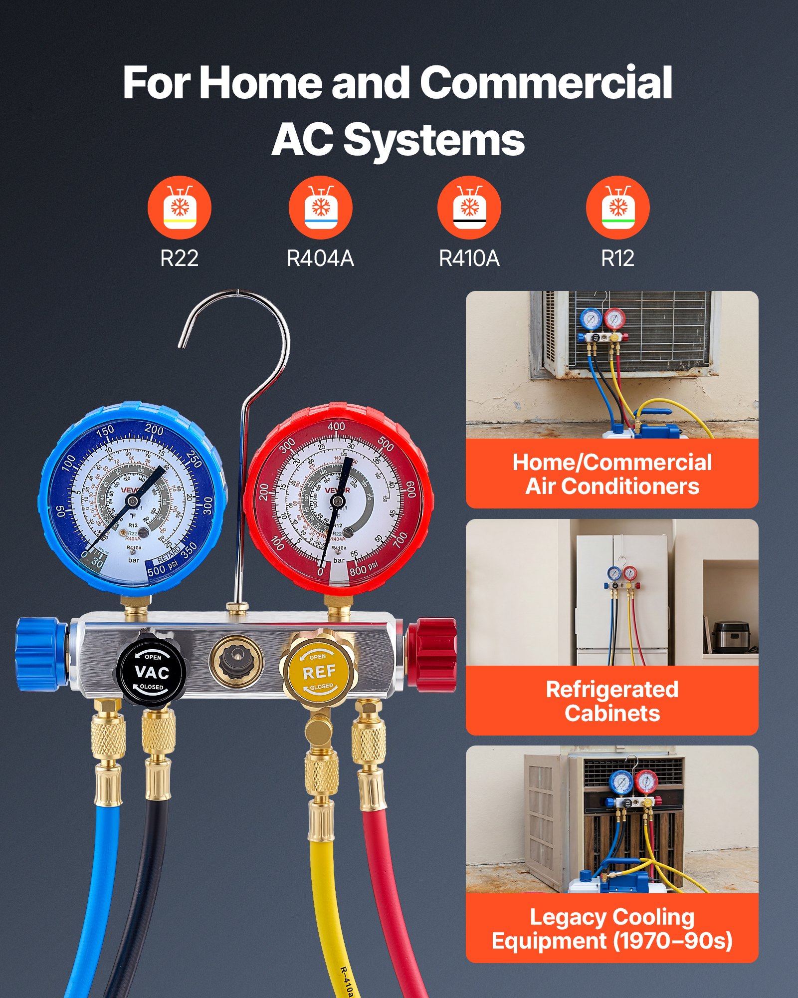 VEVOR airconditioning drukmeterset voor R22, R404A, R410A en R12 koudemiddelen, 4-weg drukmeter met 1,5 m slangen, voor onderhoud, evacuatie, vulling en terugwinning van airconditioningsystemen in voertuigen en woningen.
