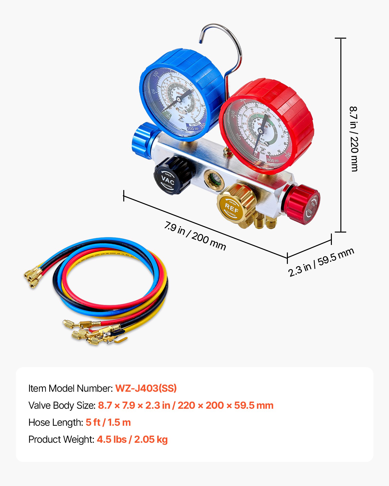 VEVOR airconditioning drukmeterset voor R22, R404A, R410A en R12 koudemiddelen, 4-weg drukmeter met 1,5 m slangen, voor onderhoud, evacuatie, vulling en terugwinning van airconditioningsystemen in voertuigen en woningen.