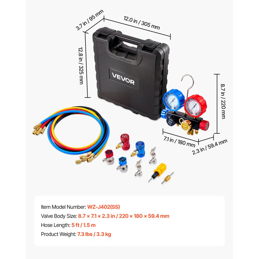 VEVOR AC airconditioning drukmeterset voor R134a, R404a, R1234y en R22 koudemiddelen, 4-weg drukmeter met 1,5 m slangen, adapters, snelkoppelingen en aansluitklemmen. Geschikt voor auto-airconditioningsystemen.