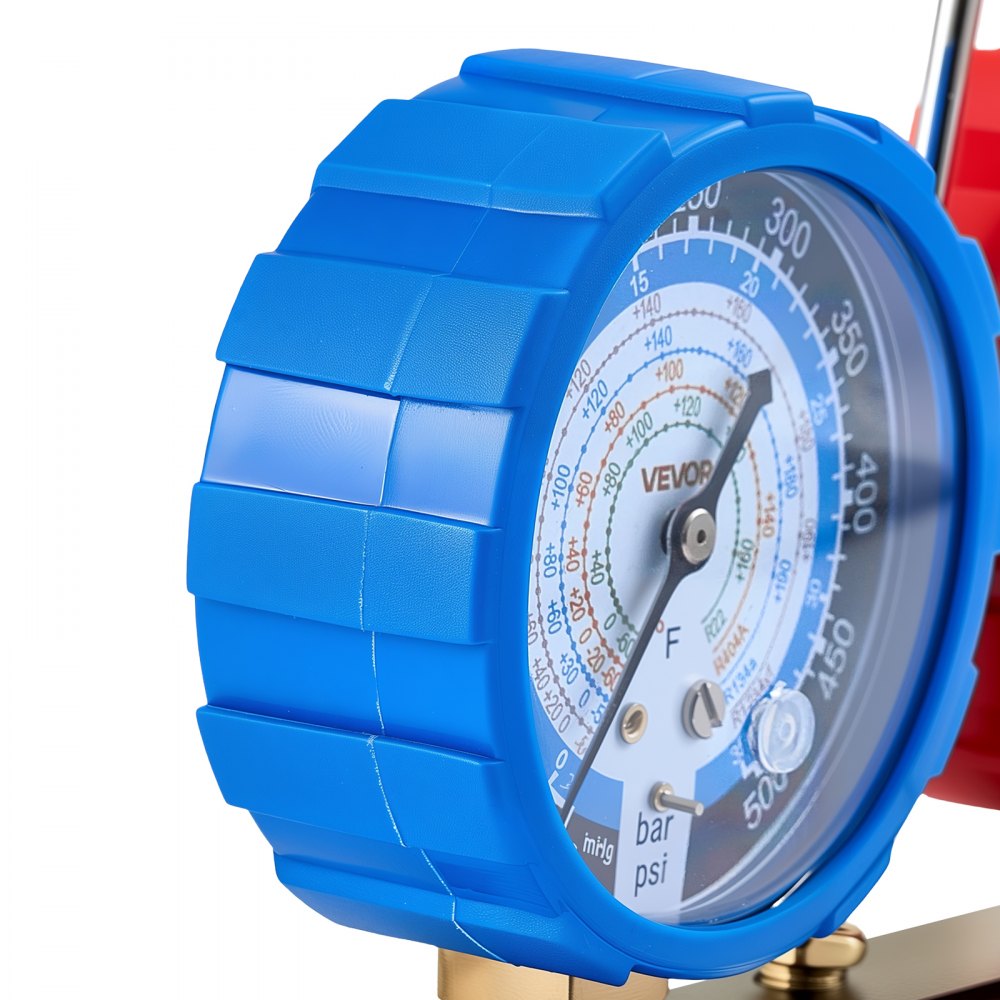 VEVOR AC airconditioning drukmeterset voor R134a, R404a, R1234y en R22 koudemiddelen, 4-weg drukmeter met 1,5 m slangen, adapters, snelkoppelingen en aansluitklemmen. Geschikt voor auto-airconditioningsystemen.