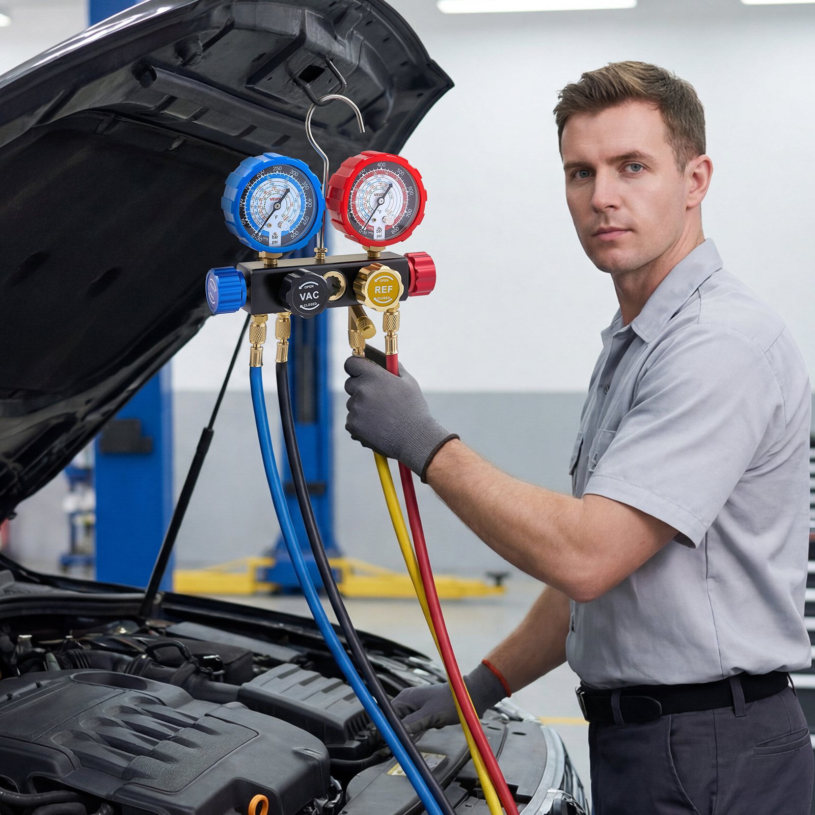 VEVOR AC airconditioning drukmeterset voor R134a, R404a, R1234y en R22 koudemiddelen, 4-weg drukmeter met 1,5 m slangen, adapters, snelkoppelingen en aansluitklemmen. Geschikt voor auto-airconditioningsystemen.