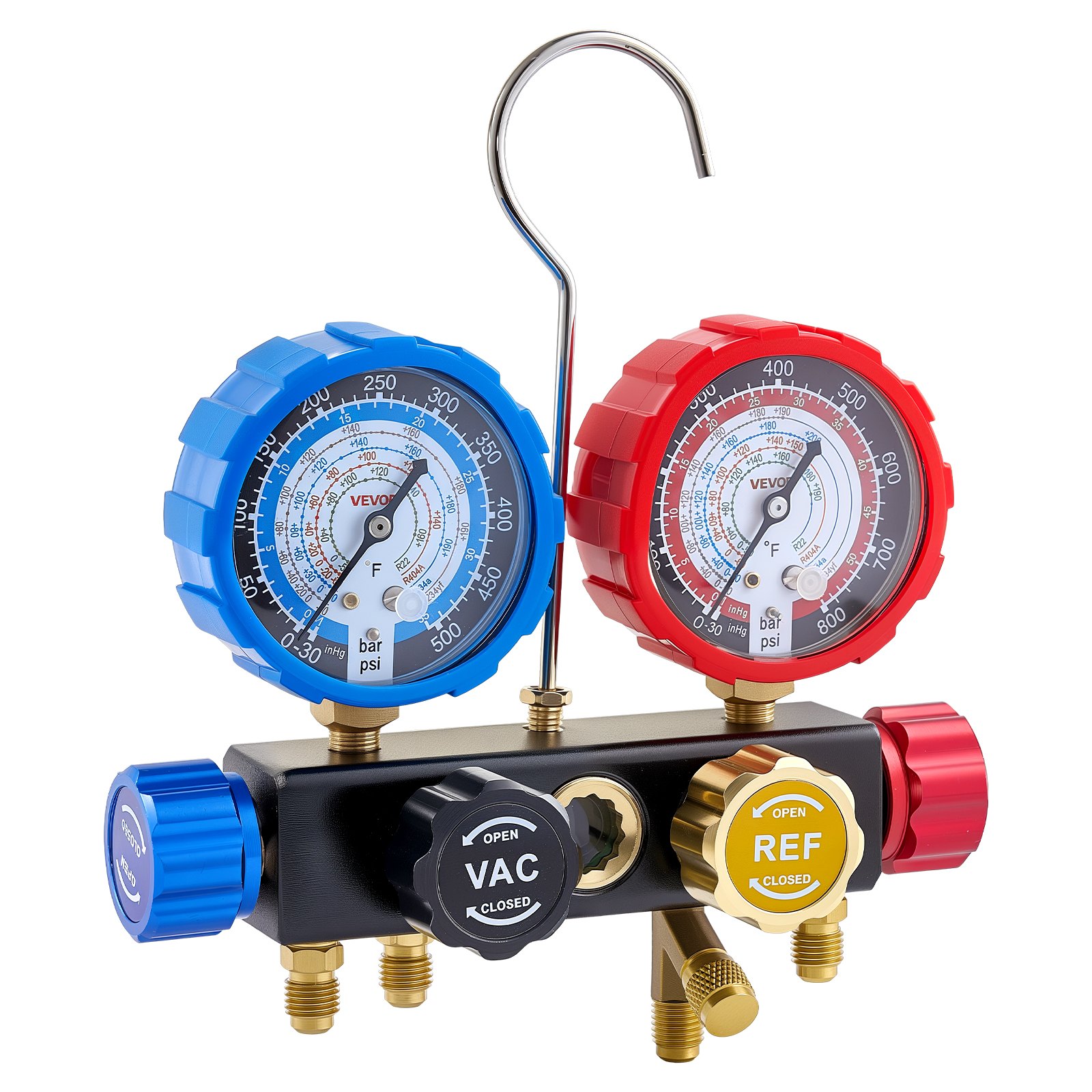 VEVOR AC airconditioning drukmeterset voor R134a, R404a, R1234y en R22 koudemiddelen, 4-weg drukmeter met 1,5 m slangen, adapters, snelkoppelingen en aansluitklemmen. Geschikt voor auto-airconditioningsystemen.